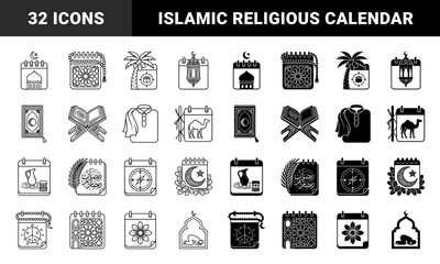 Obraz premium Islamic Ramadan Calendar Hybrid Icon Set Featuring Mosque Minarets Prayer Mats Crescent Moons And Arabic Calligraphy In Outline And Solid Styles