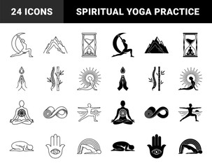 Obraz premium Yoga and wellness hybrid symbols merging human silhouettes with nature elements like mountains moon bamboo and hourglass for holistic health