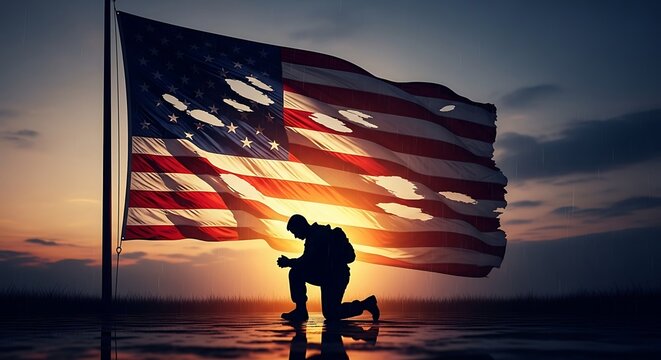 Soldier kneeling before tattered flag at sunset