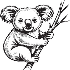 A black and white drawing of a koala bear clinging to a branch with its paws and looking forward © John