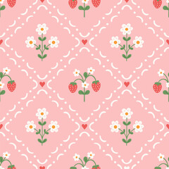 Naklejka premium Coquette seamless pattern with strawberry and chamomile flowers in decorative frames. Cute summer spring pink background in floral doodles. Vector illustration for textile, baby clothes, wallpaper.