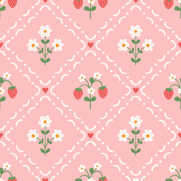 Coquette seamless pattern with strawberry and chamomile flowers in decorative frames. Cute summer spring pink background in floral doodles. Vector illustration for textile, baby clothes, wallpaper.