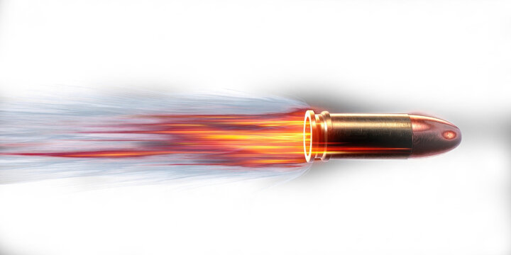 Bullet flying fast leaving trail of fire and smoke on transparent background