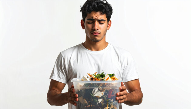 Concerned young man holding a container of leftover food with scraps and vegetable waste in a studio setting against a clean white backdrop