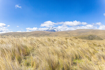Obraz premium Pichincha Province, Ecuador - February 5, 2026: The Sincholagua volcano is an inactive volcano located in the Andes Mountains. It is the 12th highest volcano in the country at 4,873 meters.