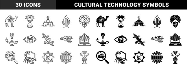 Fototapeta premium Symmetry of desert heritage and modern innovation featuring hybrid camel compass symbols and digital caravan motifs in linear and solid styles