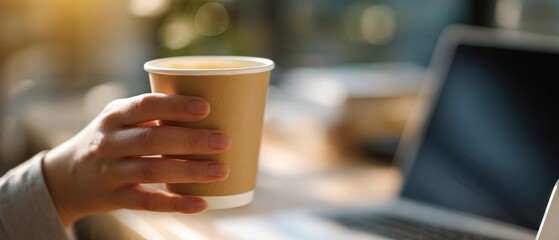 Person holding coffee cup near laptop in natural daylight environment