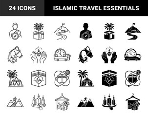 Hajj and Umrah pilgrimage hybrid icons featuring kaaba heart rate monitor bus with clock and pilgrim with compass in dual stroke and solid style