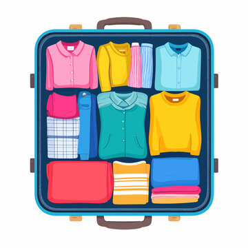 A playful cartoon illustration of a bright teal suitcase being packed with colorful clothing items, showcasing meticulous travel organization from a front‑on viewpoint