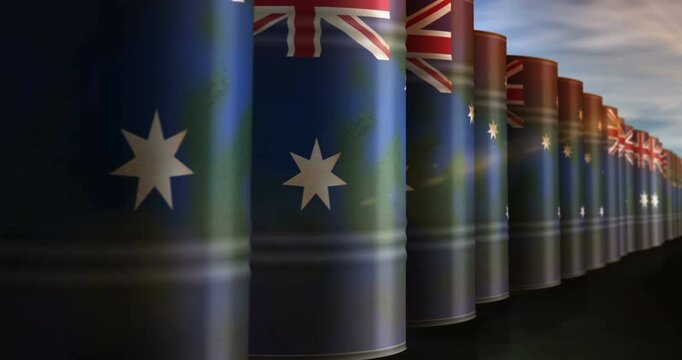 Australia oil business and fuel extraction barrels in row seamless and loopable concept. Australian petrol industrial containers.