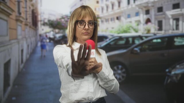 Woman holding a microphone with palm extended to camera during a street interview; assertive reporting.