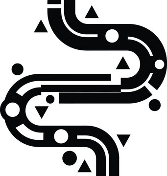 Black and white illustration of winding road with shapes on wqe 335 background