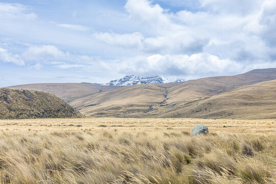Cotopaxi National Park, Ecuador - February 5, 2026: The Sincholagua volcano, partially covered by clouds, an inactive volcano located in the Eastern Cordillera of the Andes.