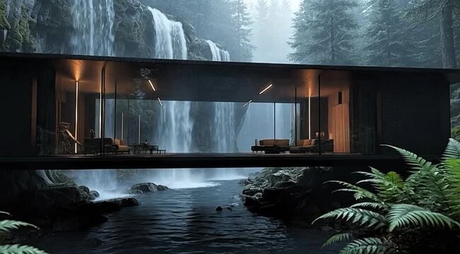 Modern glass house with a warm illuminated interior spanning a dark stream under multiple cascading waterfalls in a misty forest