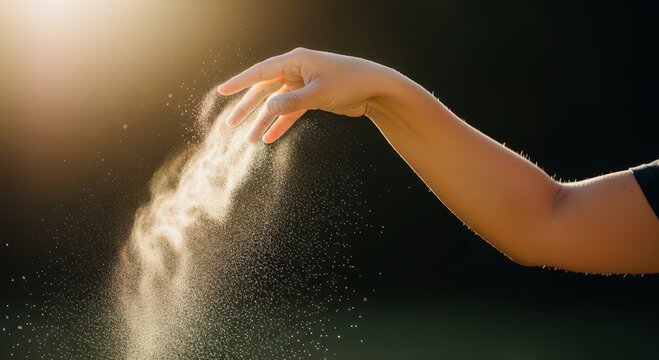 Close-up of caucasian human hand gently letting fine sand fall through fingers in warm golden sunset light against dark blurred background, concept of passing time and transience