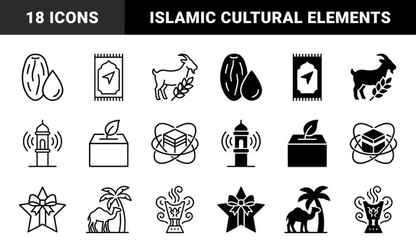 Islamic religious symbols and cultural elements featuring hybrid designs of dates palm trees prayer mats mosque minarets and sacrificial animals