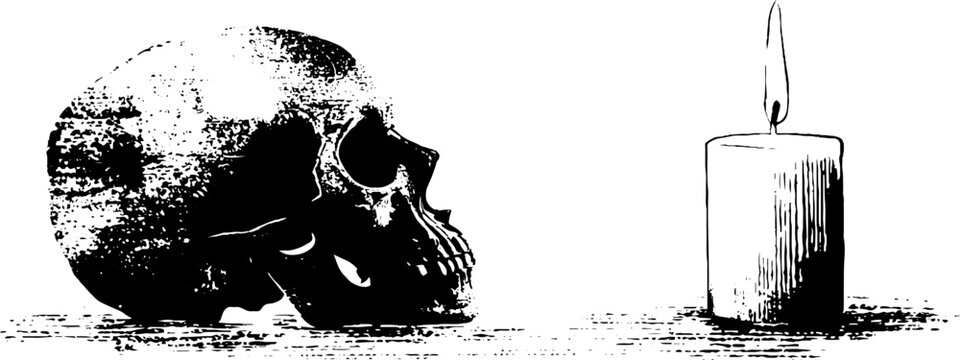 High contrast black and white ink illustration of skull and candle for gothic design
