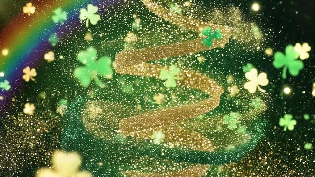 Abstract shamrock and rainbow with glittering particles background