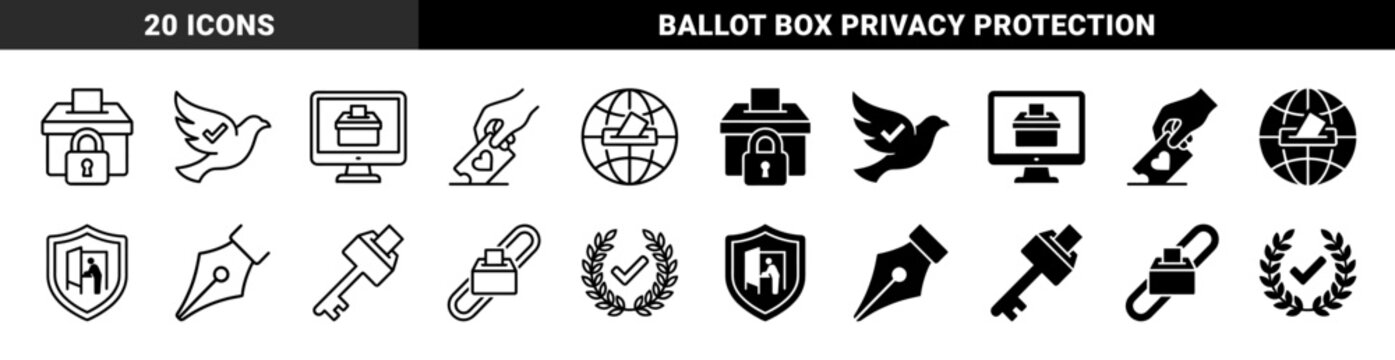 Secure digital voting and democratic election symbols featuring hybrid ballot box lock and dove peace checkmark with globe and shield protection