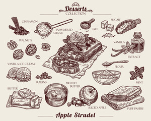 Recipe of Apple Strudel with Walnuts and Raisins. Traditional Austrian Dessert. Apfelstrudel. Ingredients for cooking: Puff Pastry, Ice Cream, Butter, Sugar, Flour. Line art Illustration. © inna72