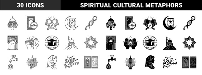 Islamic spiritual symbols and cultural metaphors featuring hybrid designs with prayer rugs compasses DNA rosary beads and architectural elements