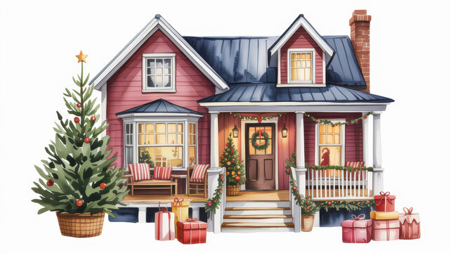 Red house with Christmas tree and presents on the porch with star on tree