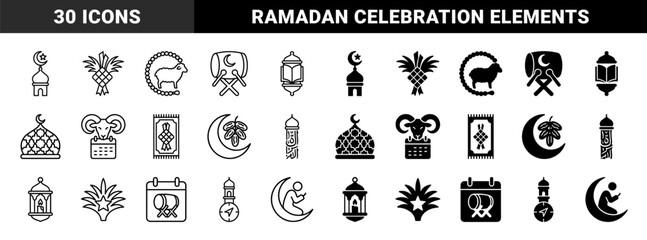 Islamic Religious Icon Set featuring Ramadan and Eid Mubarak Symbols with Hybrid Designs including Crescent Moon Dates and Prayer Rug Ketupat
