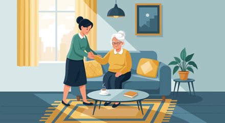A young woman providing support and comfort to an elderly woman sitting in an armchair in a cozy living room.