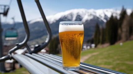 Pint of craft beer on ski lift with majestic snowy mountains in background