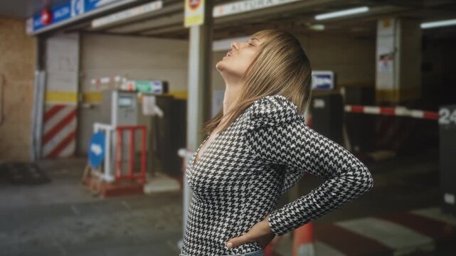 Woman with hand on lower back in parking garage, head tilted back and mouth tense showing discomfort; backache pain.