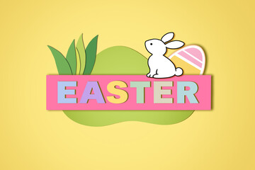 Bright Easter banner with cute bunny, pastel egg, and spring leaves on soft yellow background.