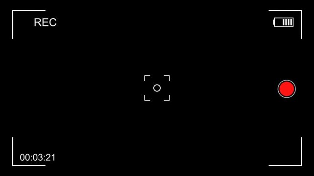 Flickering retro screen interface with recording timer and crosshair, Camera recording screen with red record button and countdown timer animation, old vhs camcorder effect, digital display simulation