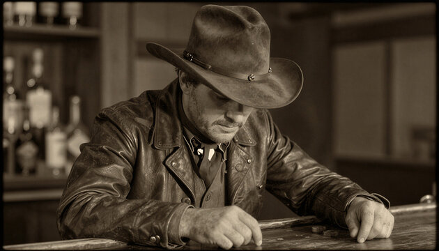 Man in cowboy hat and leather jacket sitting at bar counter  