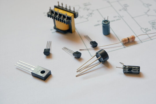 Electronic engineering projects work desk. Power electronic components.