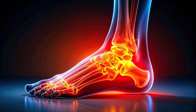 Digital anatomical illustration of human foot and ankle bones with glowing red inflammation, symbolizing injury, pain, or medical diagnosis.