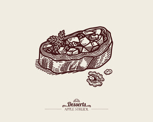 Piece of Apple Strudel with Walnuts and Raisins. Traditional Austrian Dessert. Apfelstrudel. Italian Dessert. Line art Illustration, sketch style. © inna72