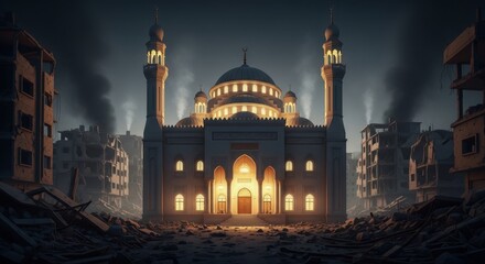 Fototapeta premium Mosque at Night with Minarets and Dome.