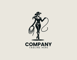 Fototapeta premium Confident cowgirl silhouette holding lasso black vector logo illustration isolated on white background