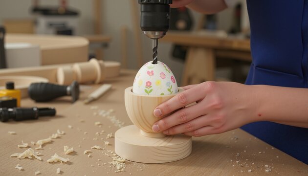 hands drill with a large round drill bit to make a hole for the Easter egg