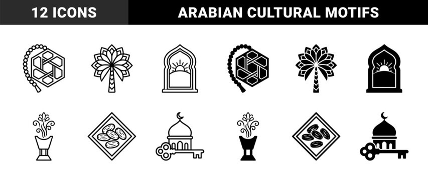 Islamic heritage symbol collection featuring hybrid geometric motifs combined with prayer beads palm trees incense burners and dates in linear and solid styles