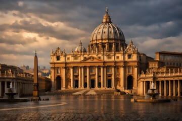 Fototapeta premium Fragment of Basilica of St. Peter in the Vatican and column on Saint Peters square in Vatican