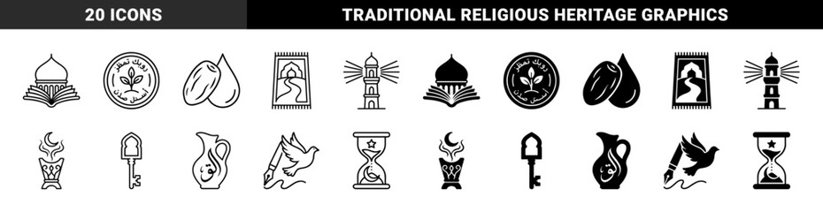 Fototapeta premium Islamic Cultural Hybrid Icons Featuring Mosque Book Fusion Ramadan Dates Prayer Mat Design and Crescent Hourglass Symbols in Outline and Solid Styles