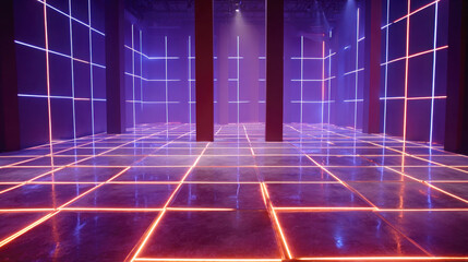 Futuristic Interior Design of a Dark Studio Room with Glowing Neon Orange and Blue Grid Lines on the Floor and Walls Featuring Geometric Light Patterns for Cyberpunk and Metaverse Concept Background