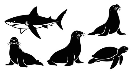 Obraz premium Marine Animals Silhouettes Set: Shark, Seals, and Sea Turtle Icons