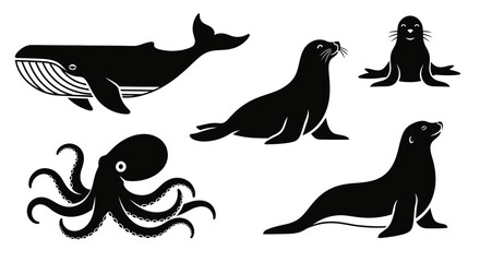 Obraz premium Marine Animals Silhouettes Set: Whale, Octopus, Seals Vector Icons