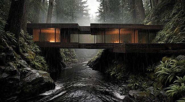Modern wood and glass dwelling bridging a dark flowing river in a rny conifer forest with warm interior light