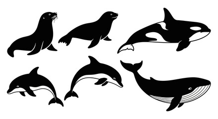 Obraz premium Marine Mammals Silhouettes Set: Orca, Dolphins, Whales, and Seals Collection