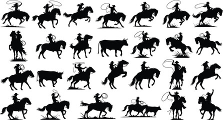 Cowboy silhouette collection vector set, western rodeo rider on horse with lasso, ranch cattle herding black isolated clipart illustration
