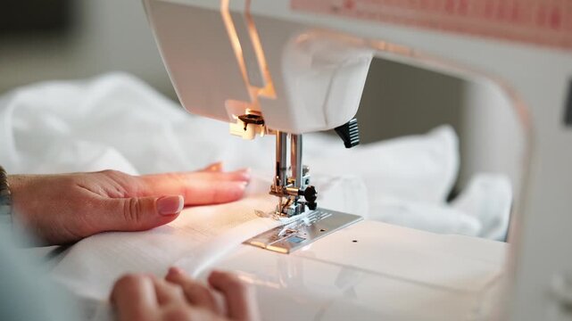 Female tailor hands sewing fabric in sewing machine. Female worker uses sewing machine to hem curtains. DIY process of sewing in home workshop.