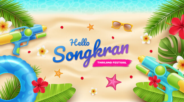 Songkran Festival Beach Background with Water Gun and Tropical Summer Elements